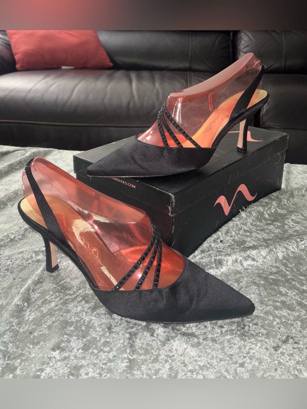 Nina Black Rhinestone Leather Shoes Heels